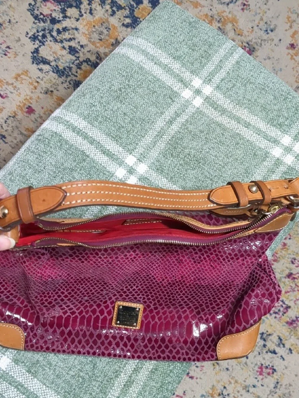 Dooney & Bourke Erica Snake-Embossed Hobo in Magenta with Tan Trim